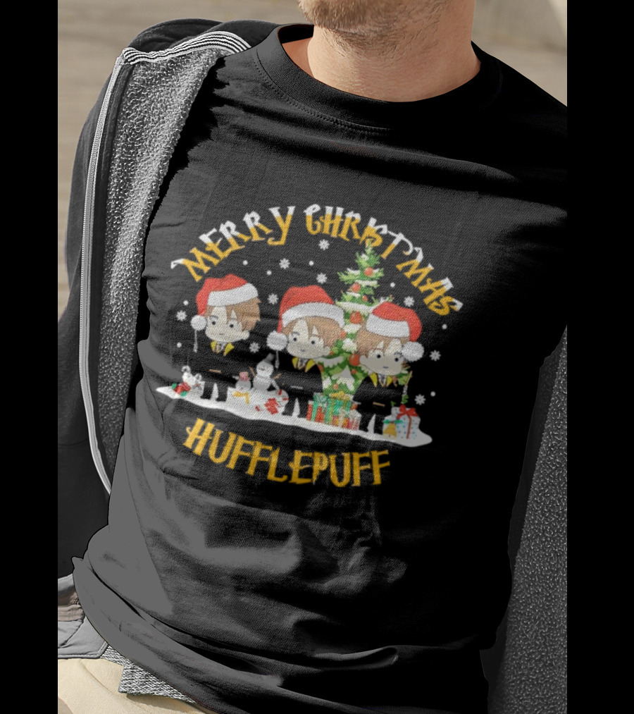 Merry Christmas Hufflepuff Characters With Santa Hats And Christmas Tree T-Shirt