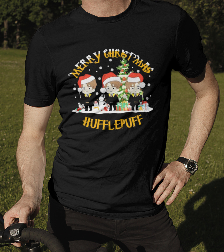 Merry Christmas Hufflepuff Characters With Santa Hats And Christmas Tree T-Shirt