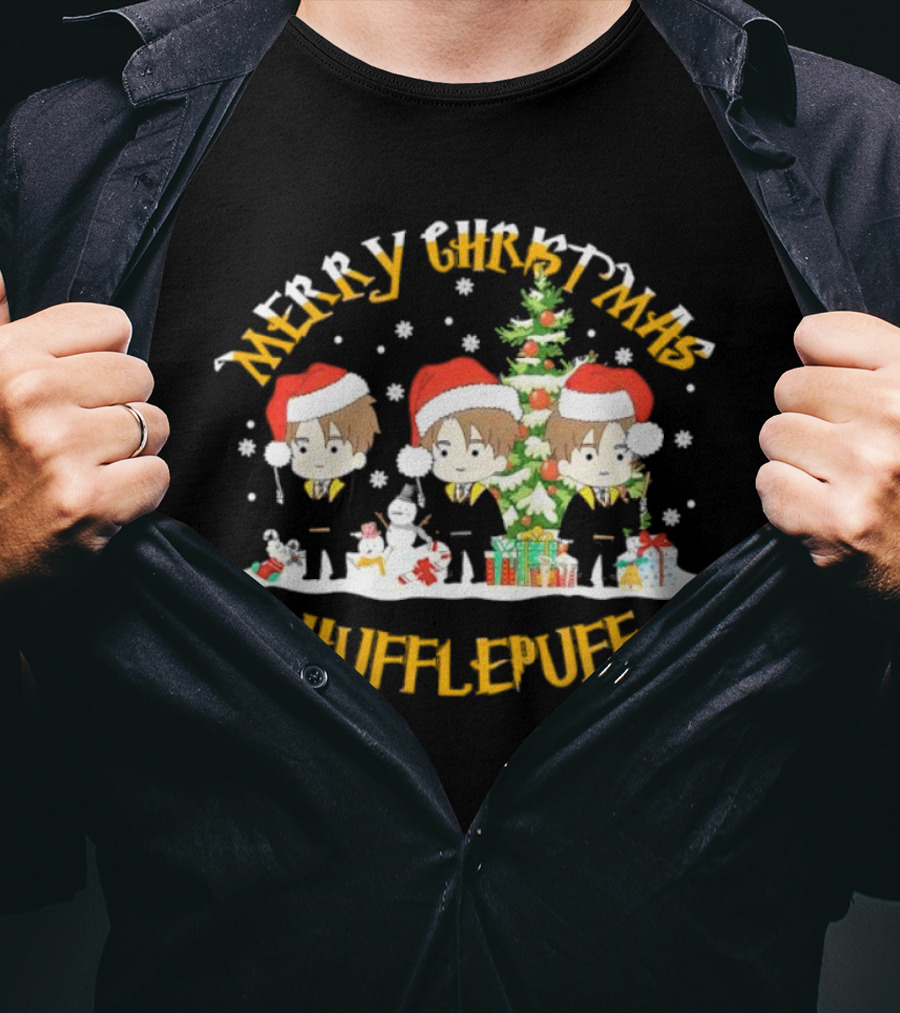 Merry Christmas Hufflepuff Characters With Santa Hats And Christmas Tree T-Shirt