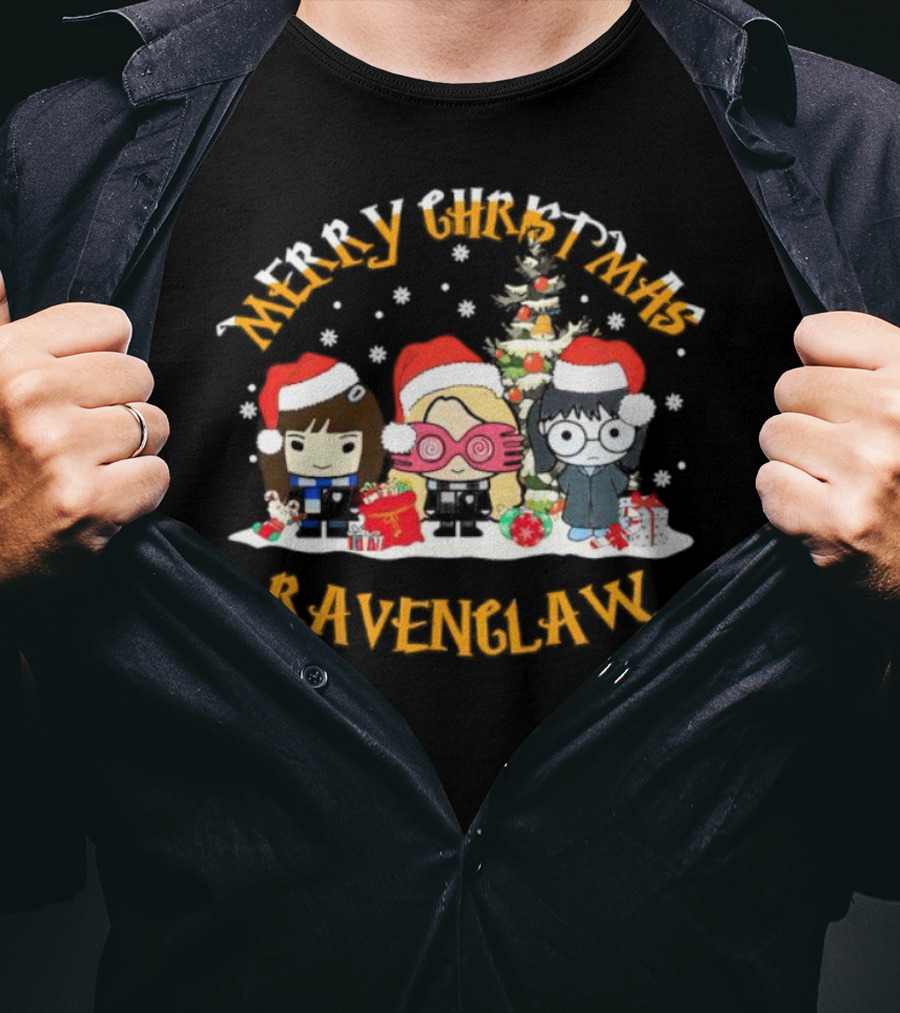 Merry Christmas Ravenclaw Characters With Santa Hats And Christmas Tree T-Shirt
