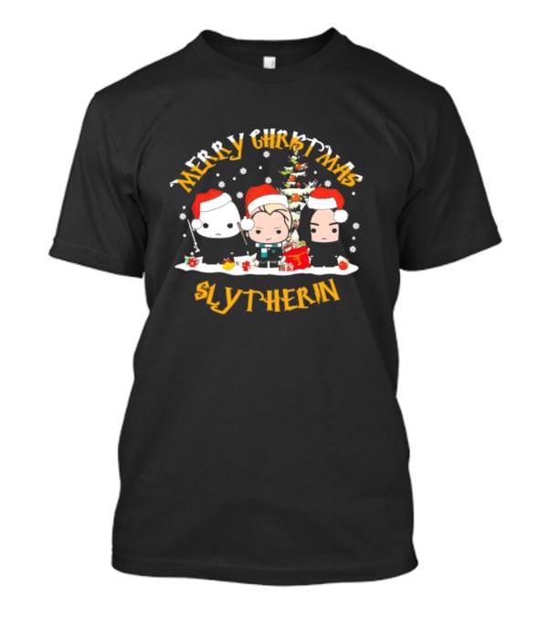 Merry Christmas Slytherin Characters With Holiday Tree And Santa Hats T-Shirt