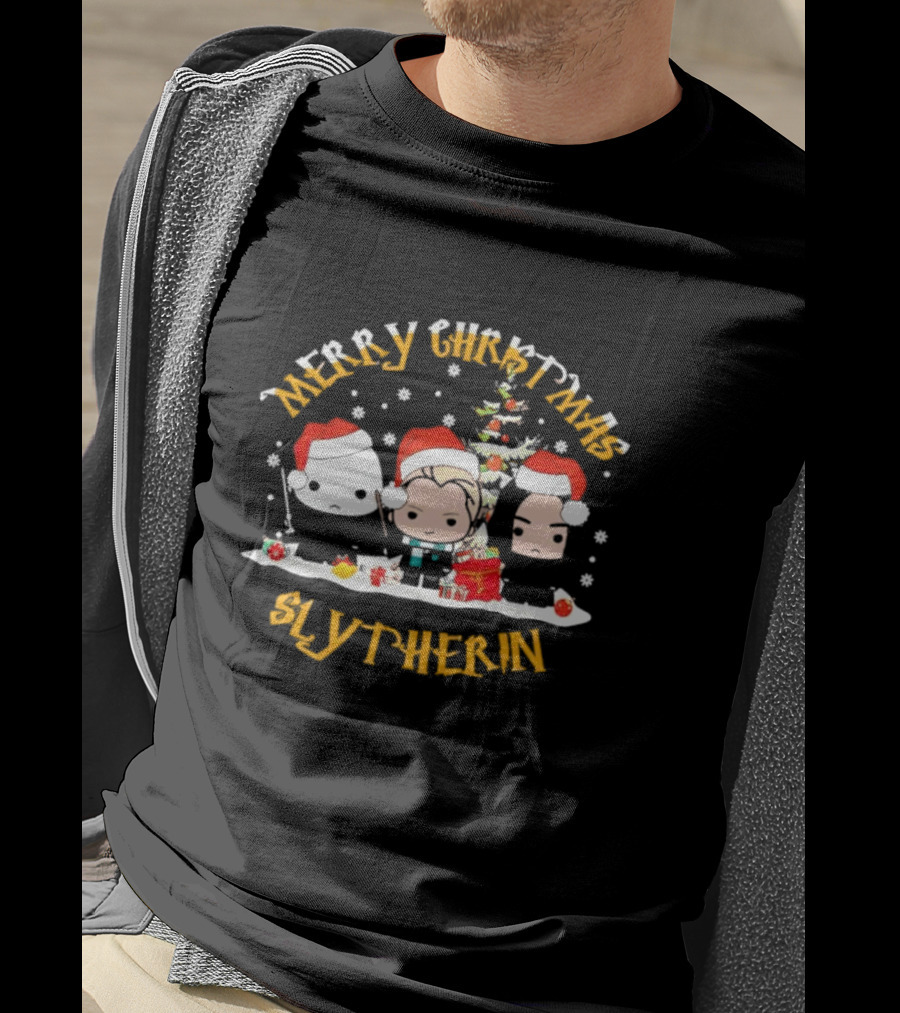 Merry Christmas Slytherin Characters With Holiday Tree And Santa Hats T-Shirt