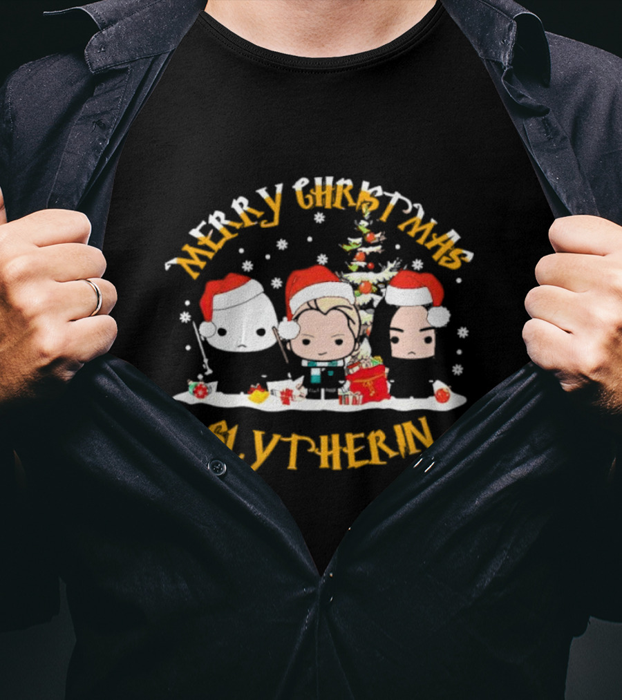 Merry Christmas Slytherin Characters With Holiday Tree And Santa Hats T-Shirt
