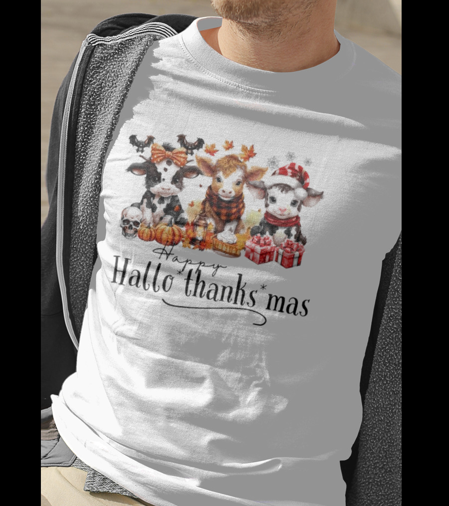 Happy HalloThanksMas Baby Cows With Pumpkins And Gifts T-Shirt