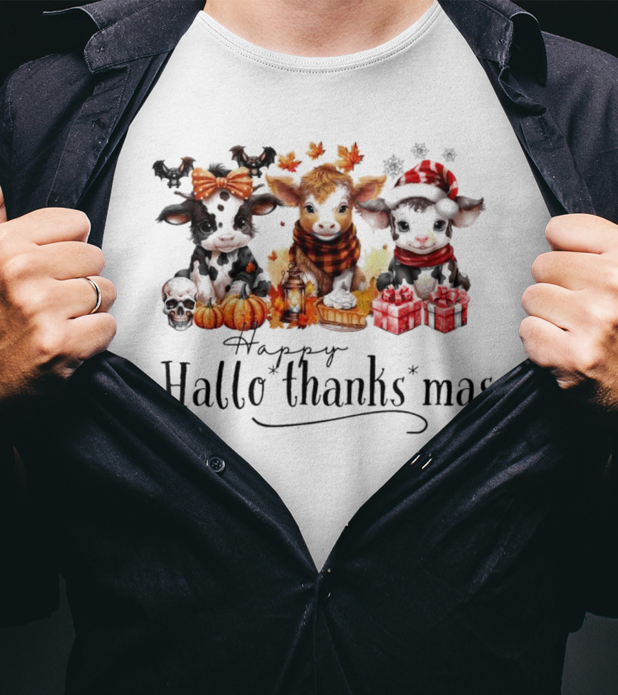 Happy HalloThanksMas Baby Cows With Pumpkins And Gifts T-Shirt