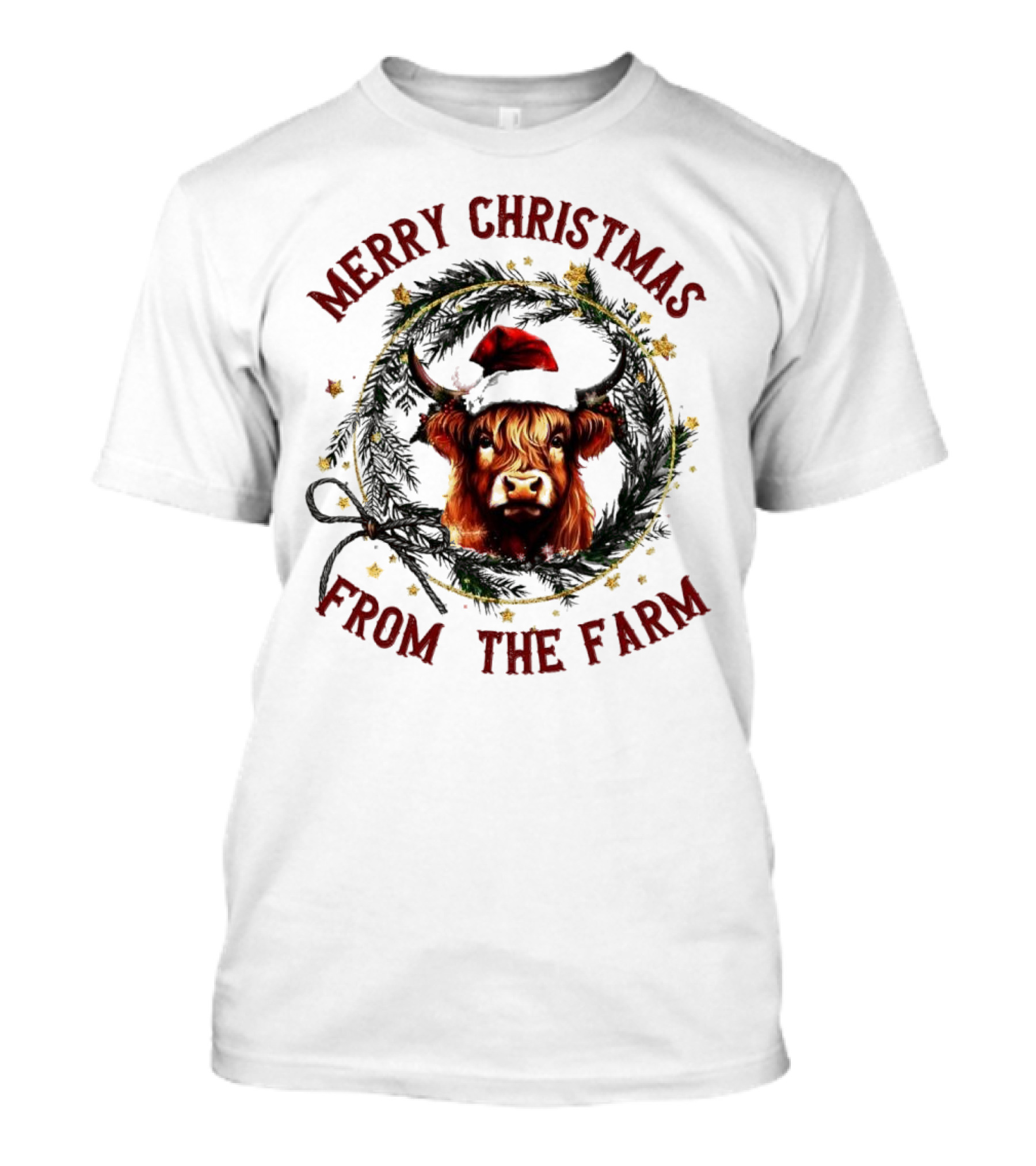 Merry Christmas From The Farm Cow Highland Christmas Wreath T-Shirt