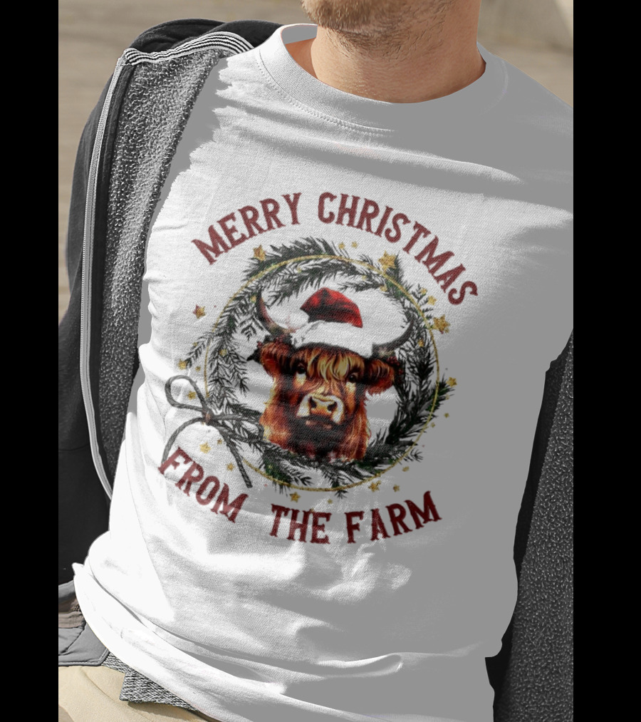 Merry Christmas From The Farm Cow Highland Christmas Wreath T-Shirt