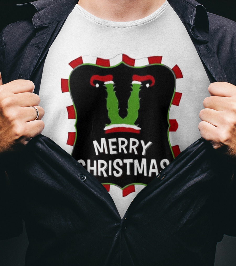 Merry Christmas Green Monster With Santa Hat T-Shirt