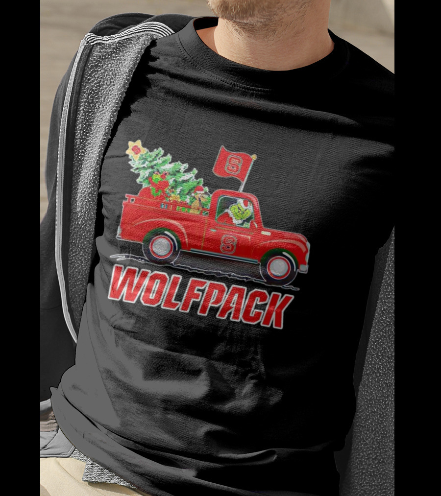 Grinch Driving NC State Wolfpack Christmas Truck With Tree And Flag T-Shirt