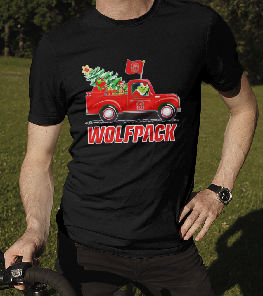 Grinch Driving NC State Wolfpack Christmas Truck With Tree And Flag T-Shirt