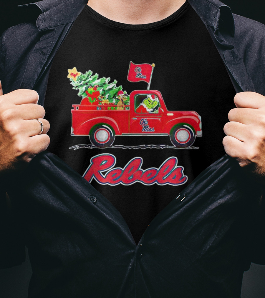 Ole Miss Rebels Grinch Driving Christmas Truck With Tree And Gifts T-Shirt