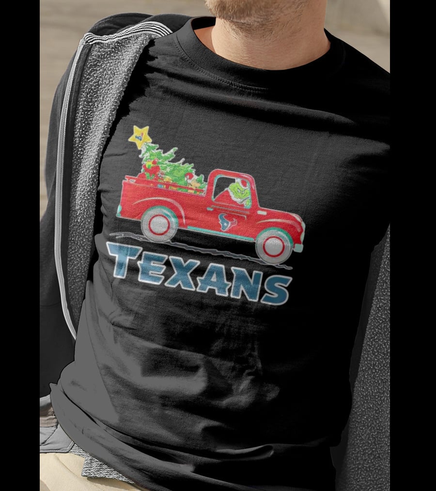 Grinch Driving Red Christmas Truck With Houston Texans T-Shirt