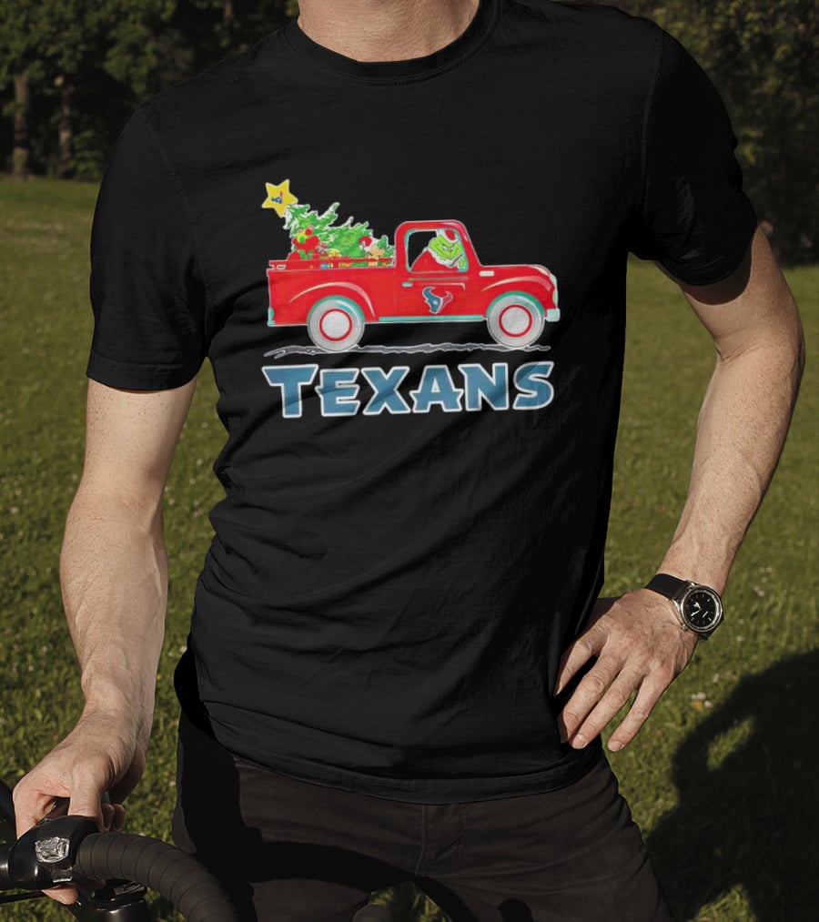 Grinch Driving Red Christmas Truck With Houston Texans T-Shirt