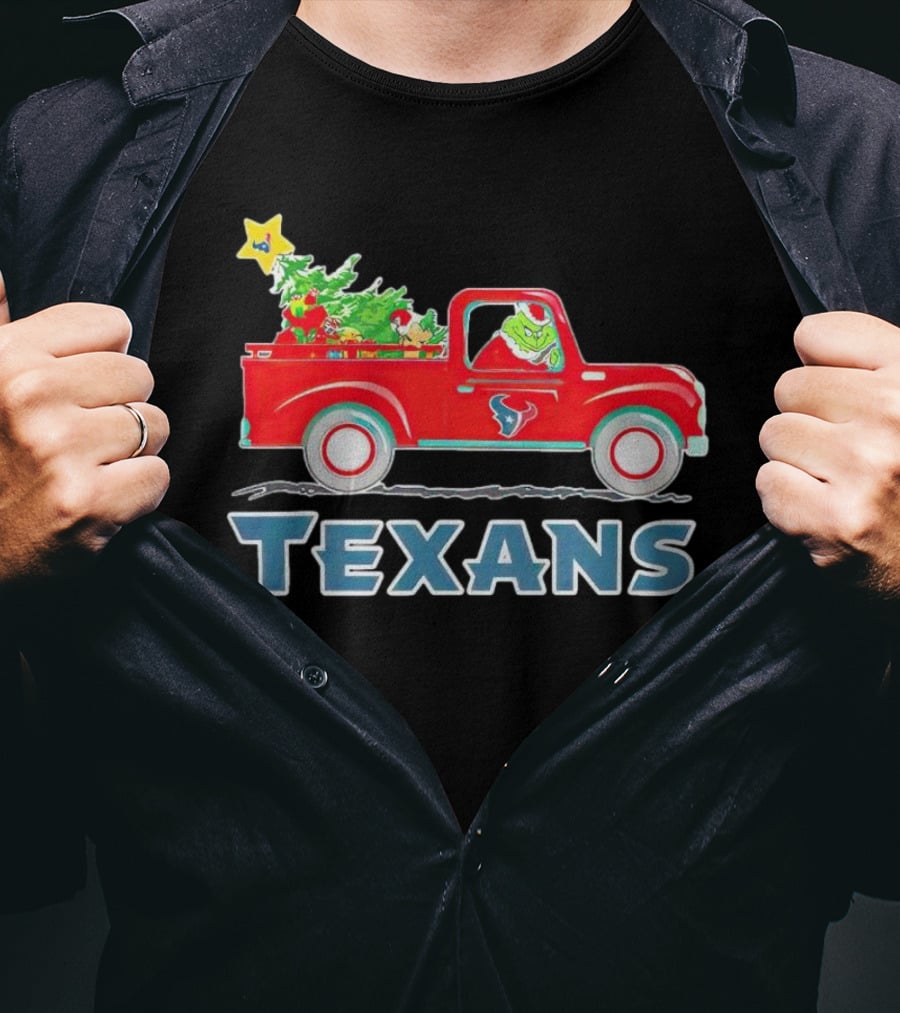 Grinch Driving Red Christmas Truck With Houston Texans T-Shirt