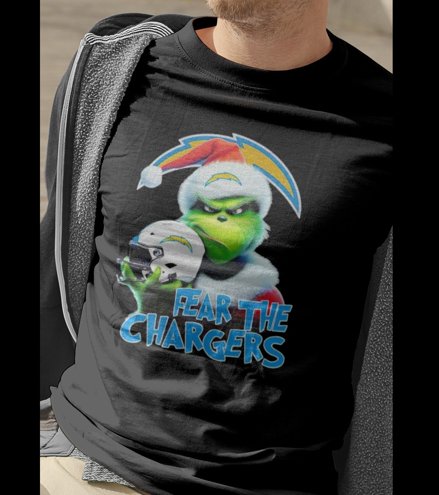 Grinch Santa Holding Los Angeles Chargers Helmet Fear The Chargers T-Shirt