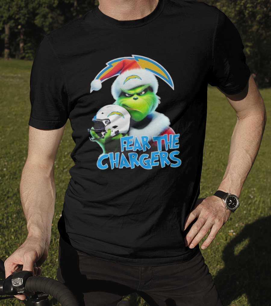 Grinch Santa Holding Los Angeles Chargers Helmet Fear The Chargers T-Shirt