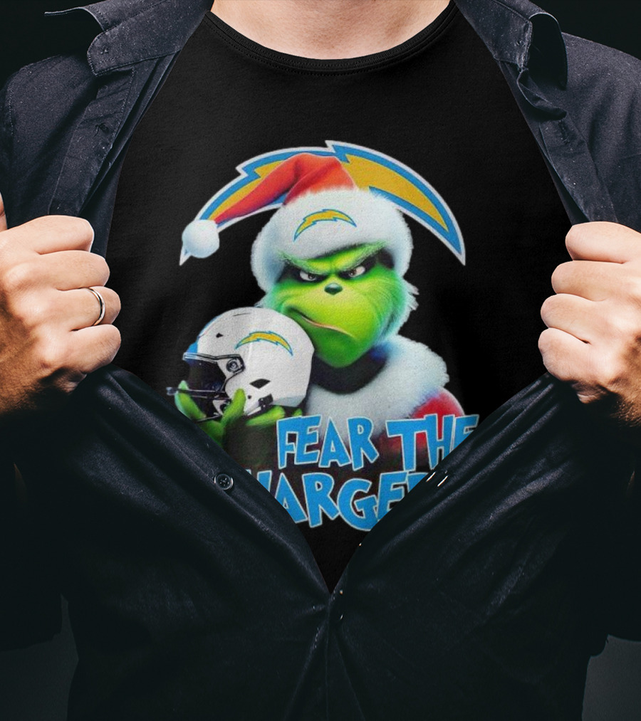 Grinch Santa Holding Los Angeles Chargers Helmet Fear The Chargers T-Shirt