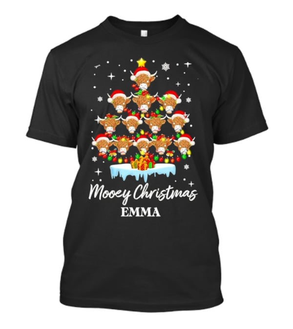 Mooey Christmas Highland Cow Tree Custom Name Emma T-Shirt