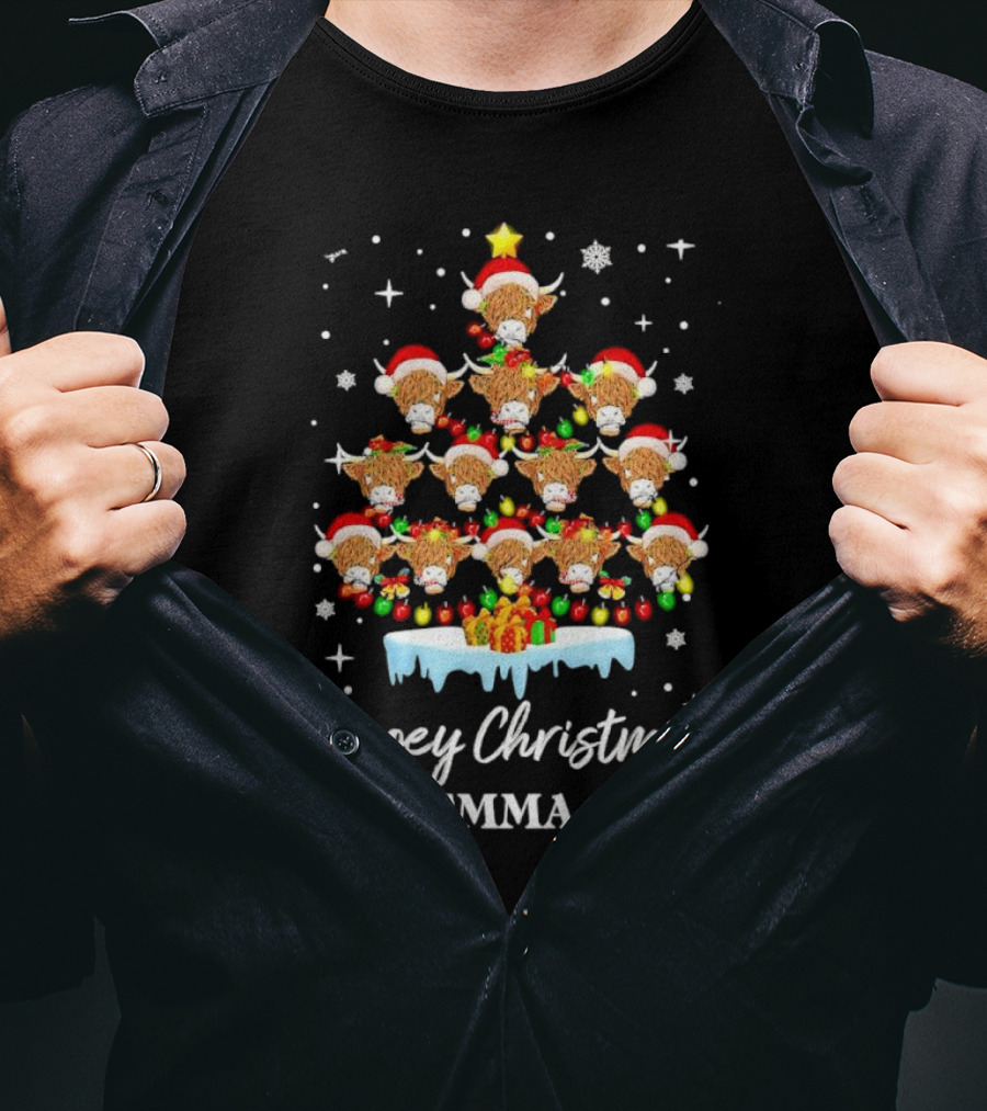 Mooey Christmas Highland Cow Tree Custom Name Emma T-Shirt