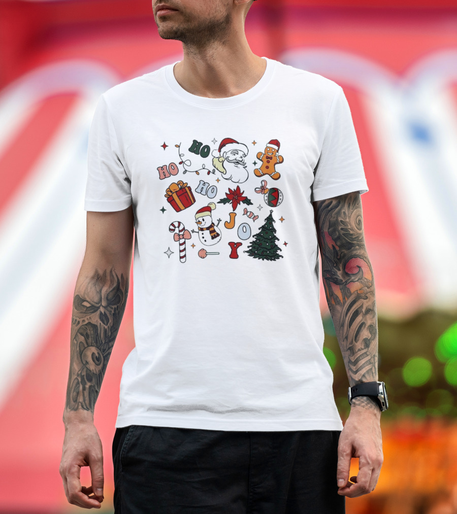 Ho Ho Ho Joy Christmas with Santa Gingerbread and Candy Cane T-Shirt