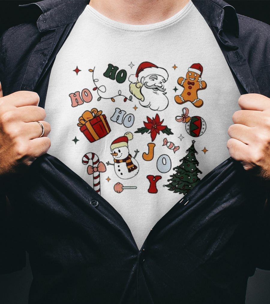 Ho Ho Ho Joy Christmas With Santa Gingerbread And Candy Cane T-Shirt