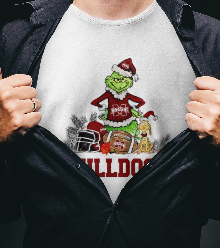 Bulldogs Grinch Max Dog Christmas Football Santa Hat T-Shirt