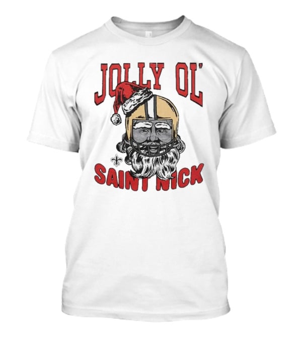 New Orleans Saints Jolly Ol’ Saint Nick With Santa Hat And Fleur-de-Lis Football Helmet Christmas T-Shirt