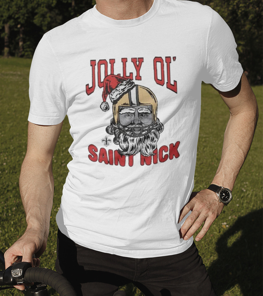 New Orleans Saints Jolly Ol’ Saint Nick With Santa Hat And Fleur-de-Lis Football Helmet Christmas T-Shirt