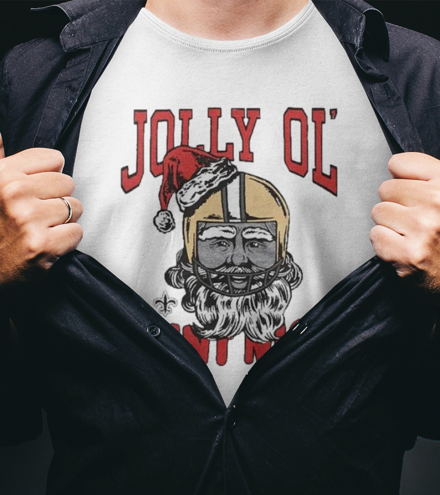 New Orleans Saints Jolly Ol’ Saint Nick With Santa Hat And Fleur-de-Lis Football Helmet Christmas T-Shirt
