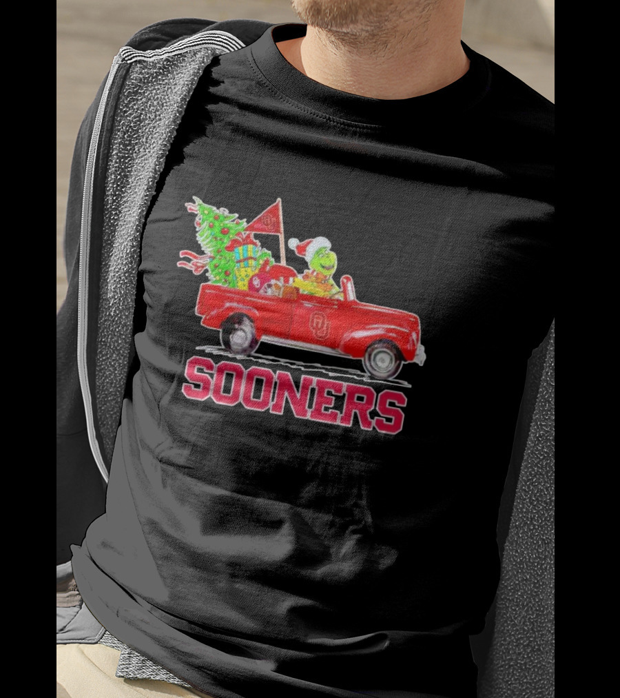 Sooners Grinch Driving Red Truck With Christmas Tree And Gifts T-Shirt