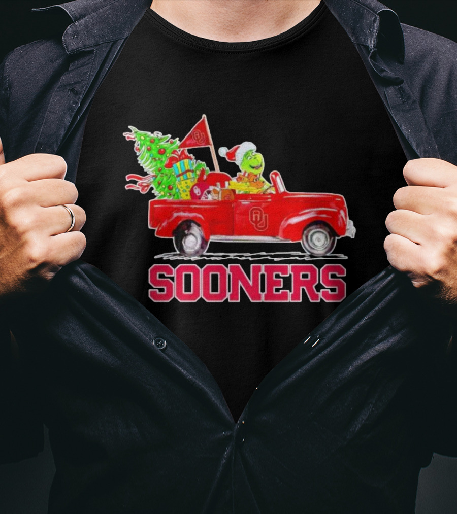 Sooners Grinch Driving Red Truck With Christmas Tree And Gifts T-Shirt