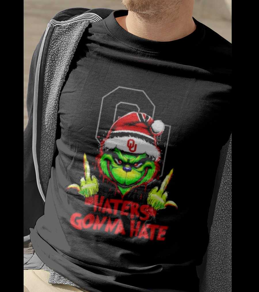 Oklahoma Sooners Grinch Haters Gonna Hate Middle Finger Santa Hat T-Shirt