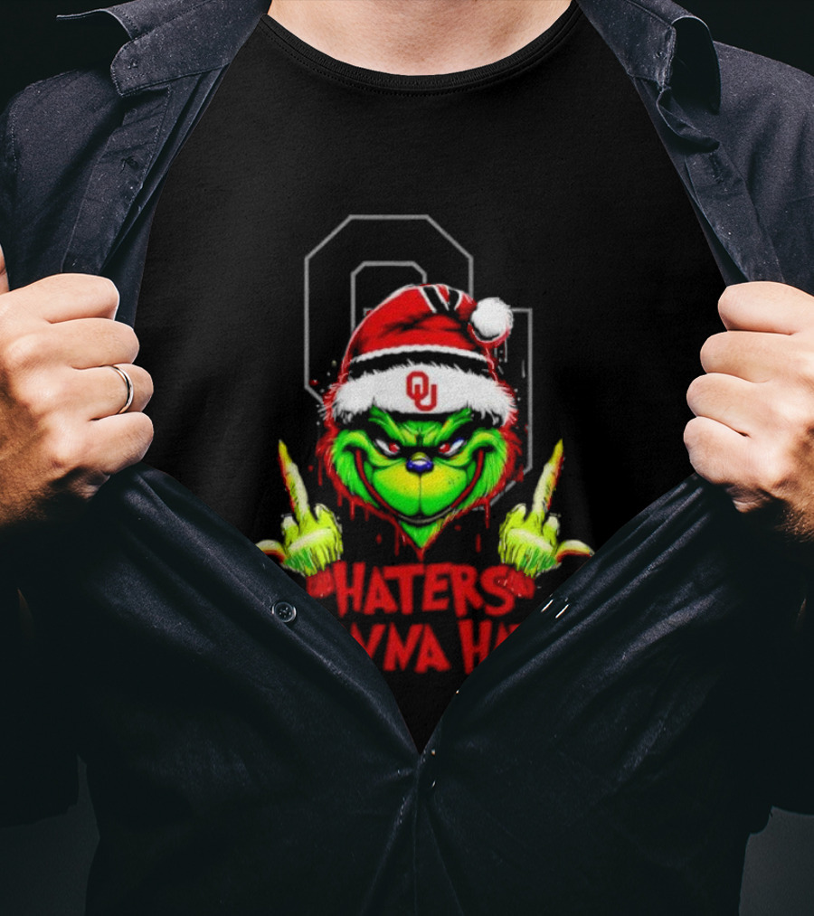 Oklahoma Sooners Grinch Haters Gonna Hate Middle Finger Santa Hat T-Shirt