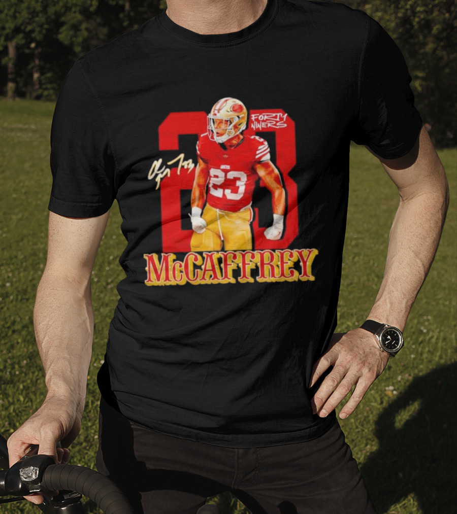 Christian McCaffrey 23 Signature Forty Niners NFL Football T-Shirt