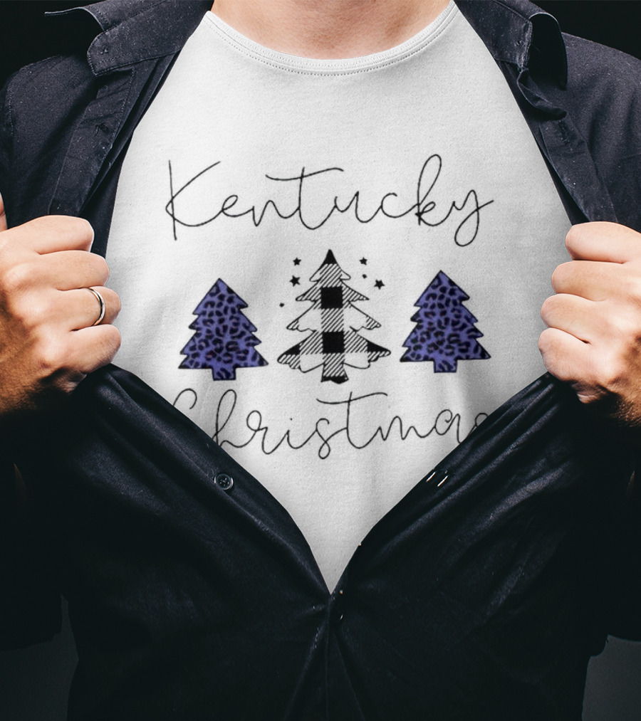 Kentucky Christmas Blue Plaid And Leopard Trees T-Shirt