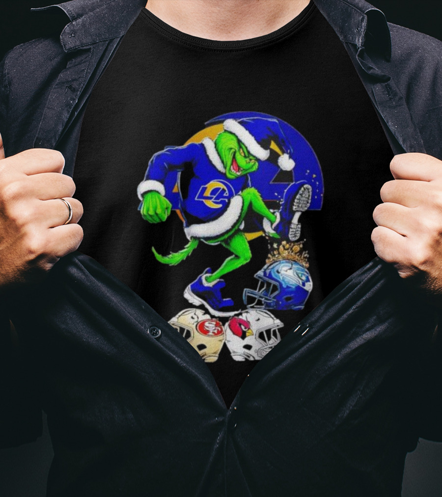Los Angeles Rams Grinch Stomping NFL Helmets Christmas Funny Santa T-Shirt