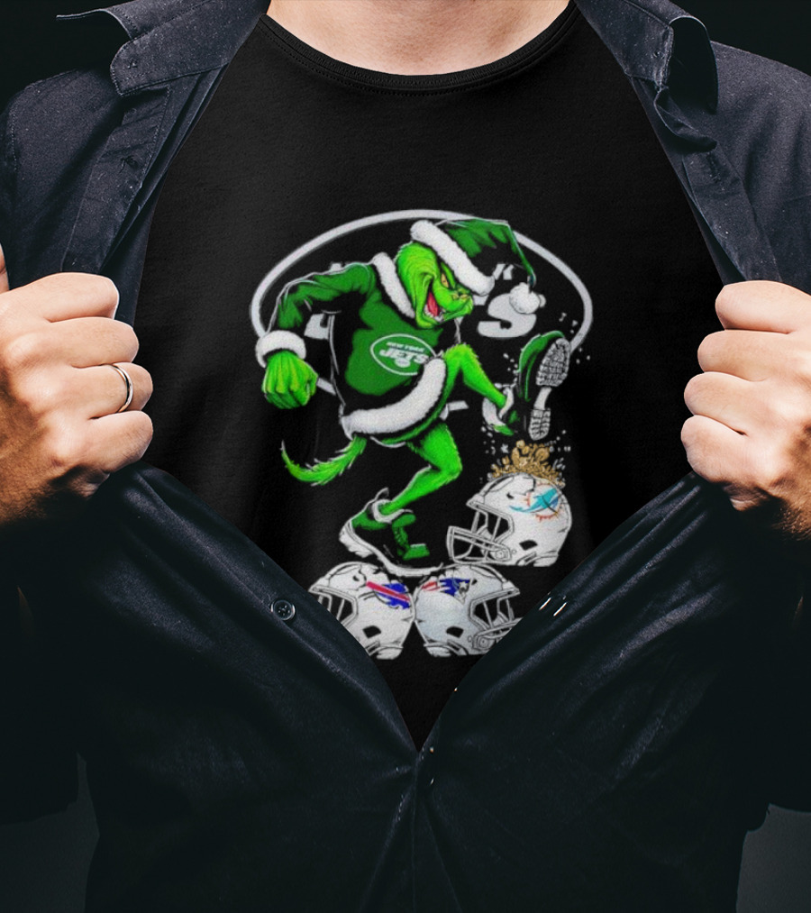 New York Jets Grinch Santa Stomping NFL Helmets Funny Christmas T-Shirt