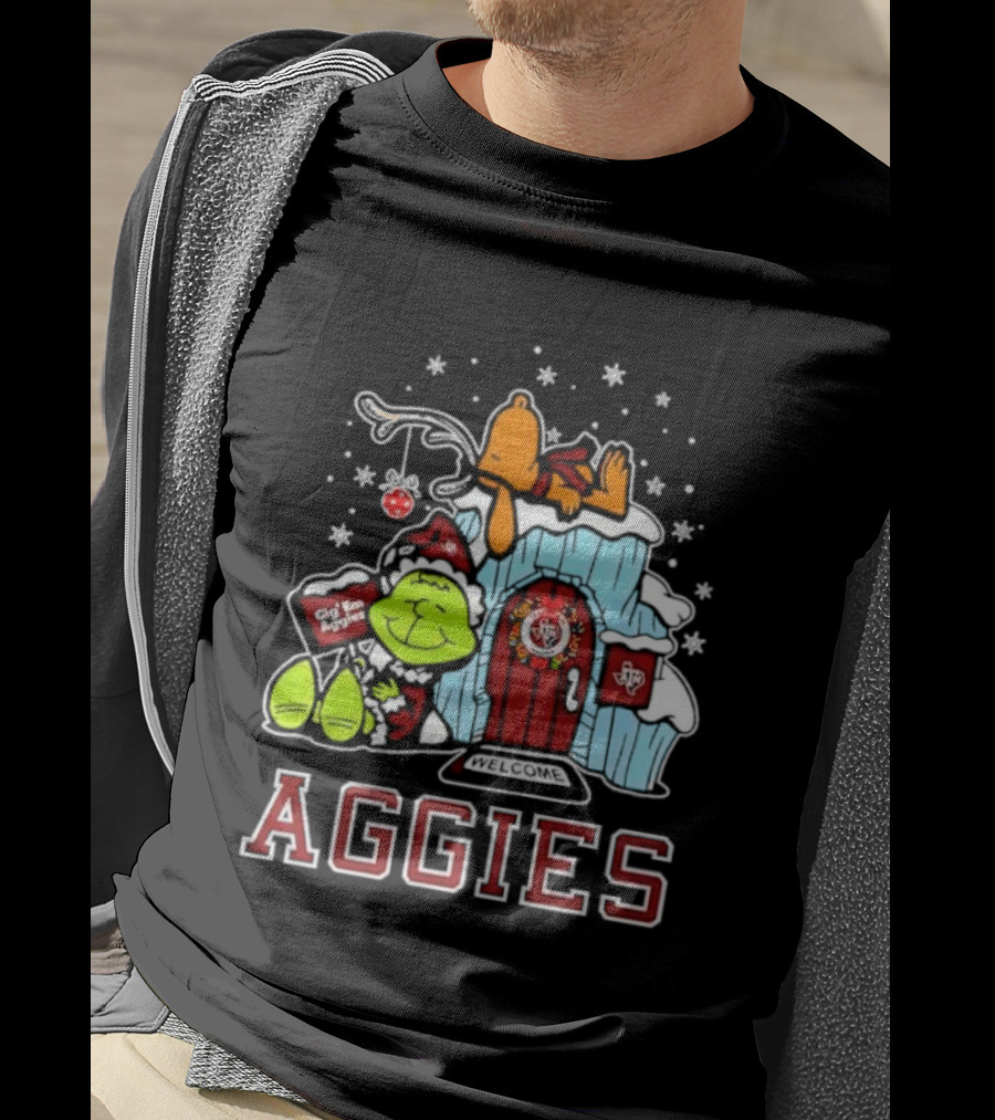 Peanuts Aggies Grinch Snoopy Christmas Hut Texas Holiday T-Shirt