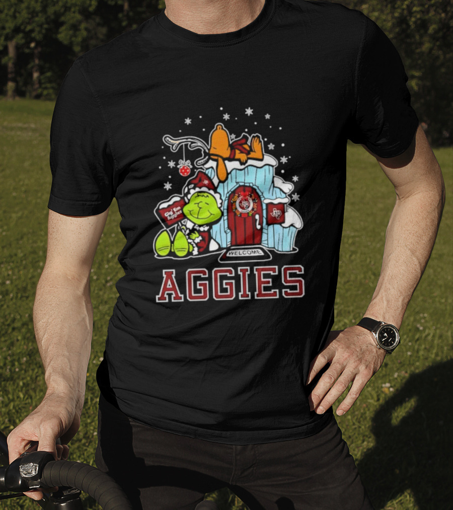 Peanuts Aggies Grinch Snoopy Christmas Hut Texas Holiday T-Shirt