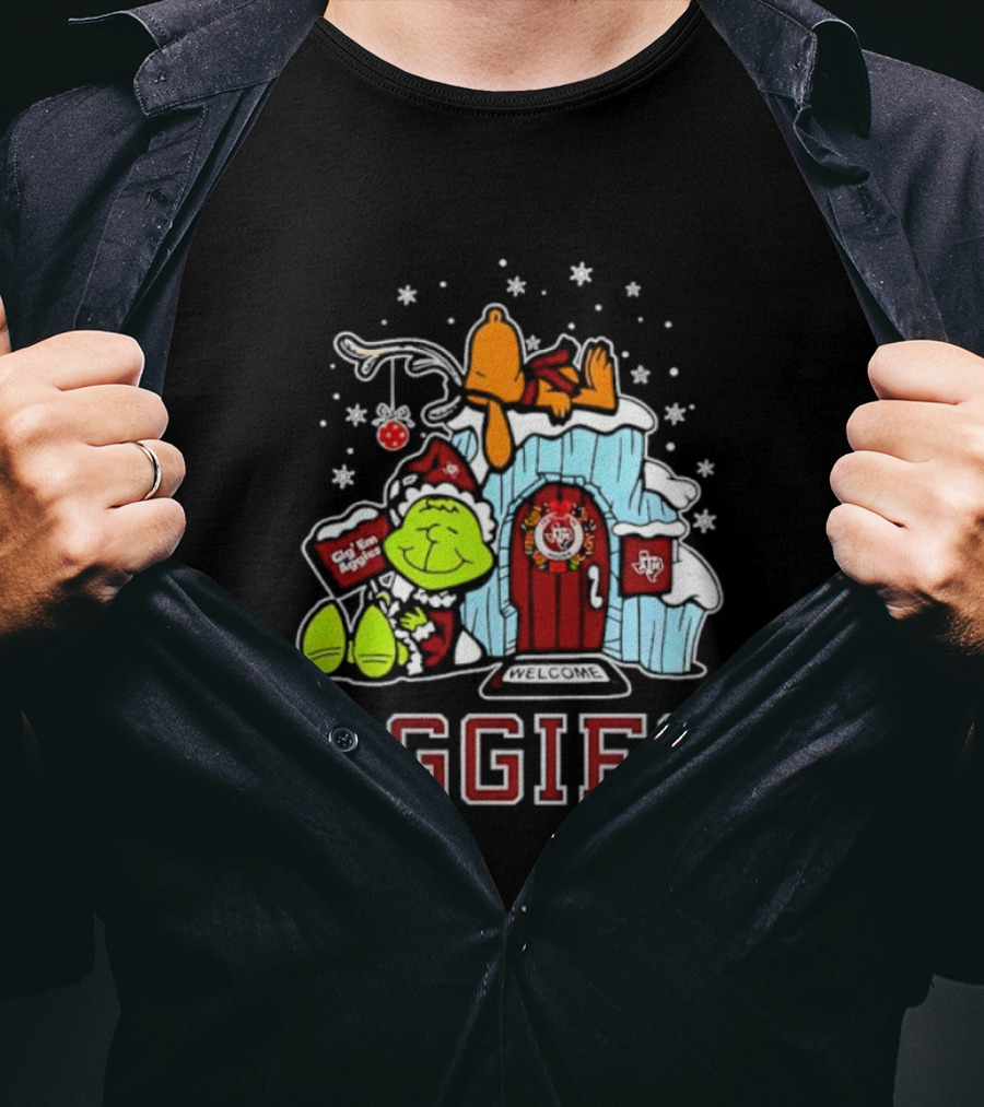 Peanuts Aggies Grinch Snoopy Christmas Hut Texas Holiday T-Shirt