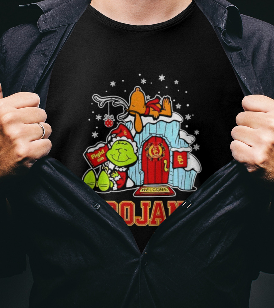 Peanuts USC Trojans Grinch Snoopy Christmas Fight On Welcome T-Shirt