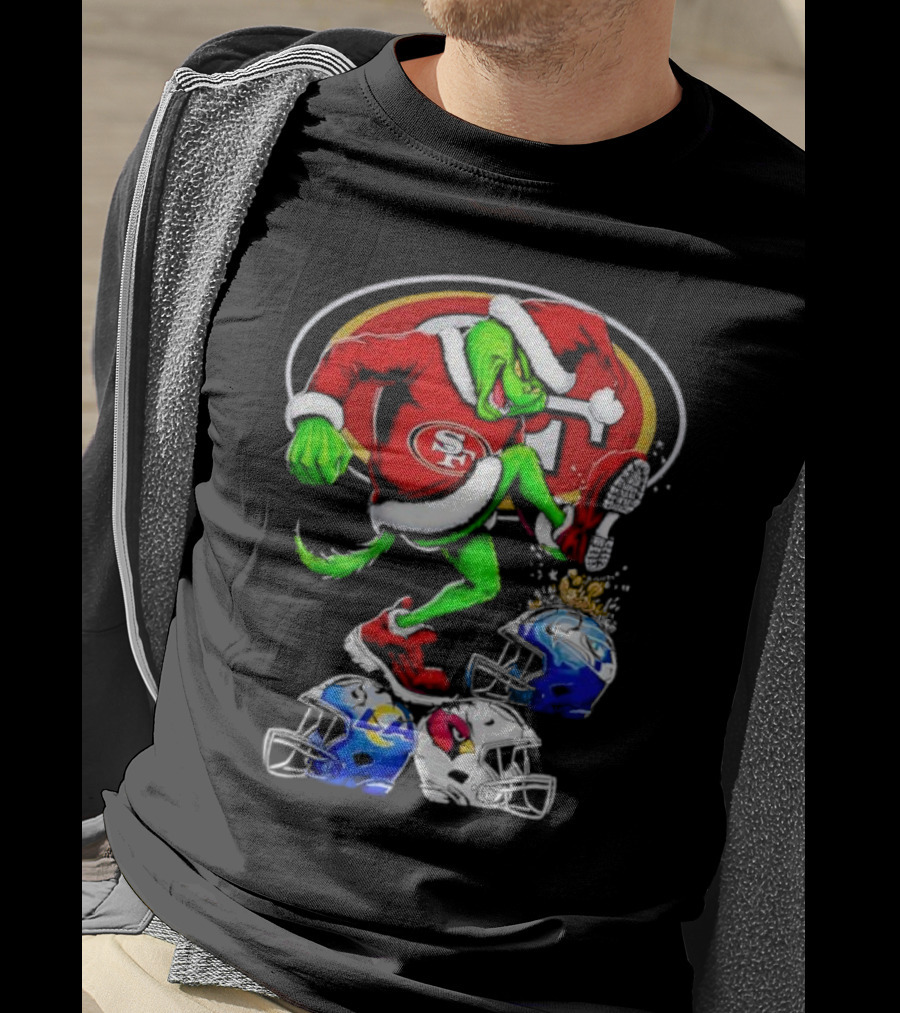 San Francisco 49ers Grinch In Santa Suit Stomps NFL Helmets Rams Cardinals Christmas T-Shirt