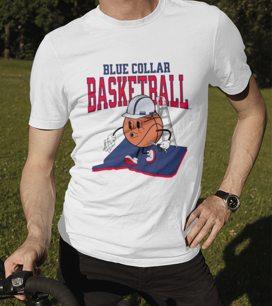 Blue Collar Basketball Hard Hat Hoop Cartoon T-Shirt
