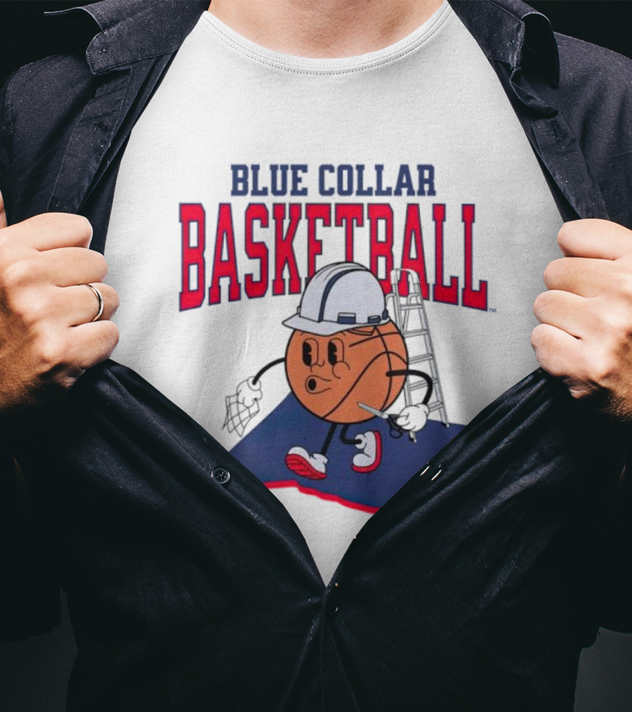 Blue Collar Basketball Hard Hat Hoop Cartoon T-Shirt