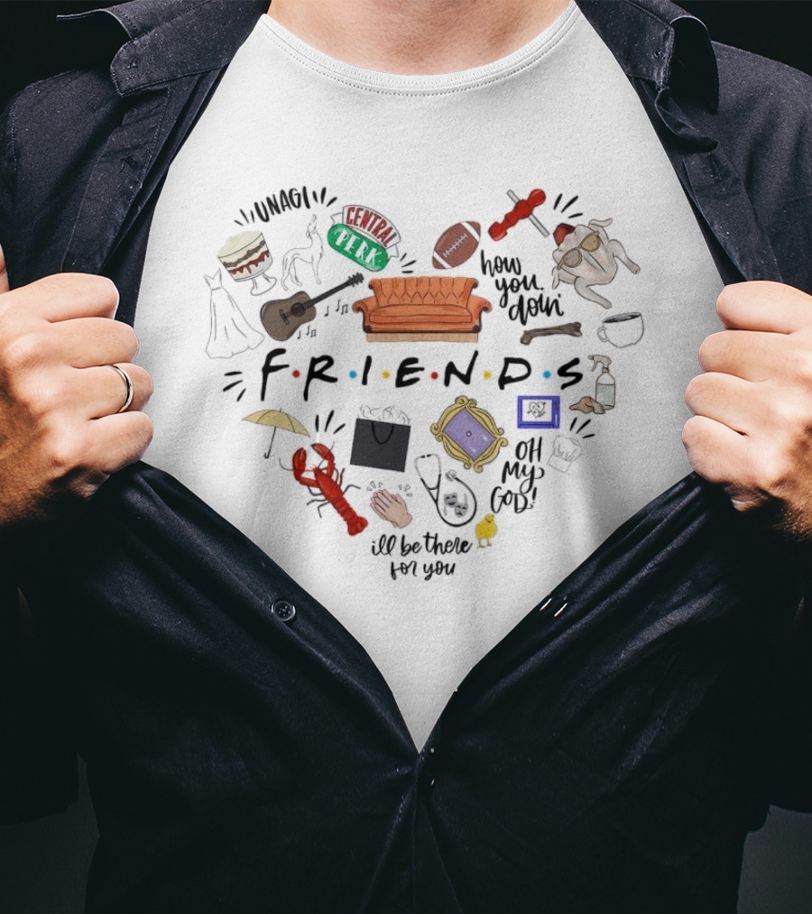 Friends TV Show Christmas Icons Unagi Central Perk Couch Football Turkey How You Doin' I'll Be There For You T-Shirt