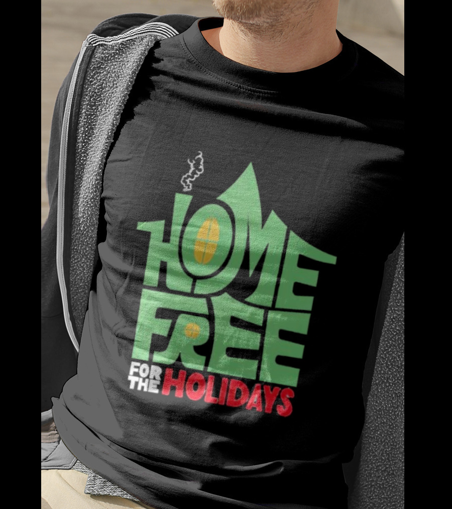 Home Free For The Holidays Text In Green House Shape With Yellow Windows T-Shirt