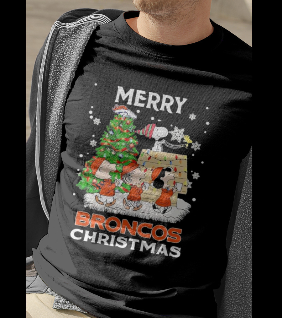 Merry Broncos Christmas Peanuts Characters T-Shirt