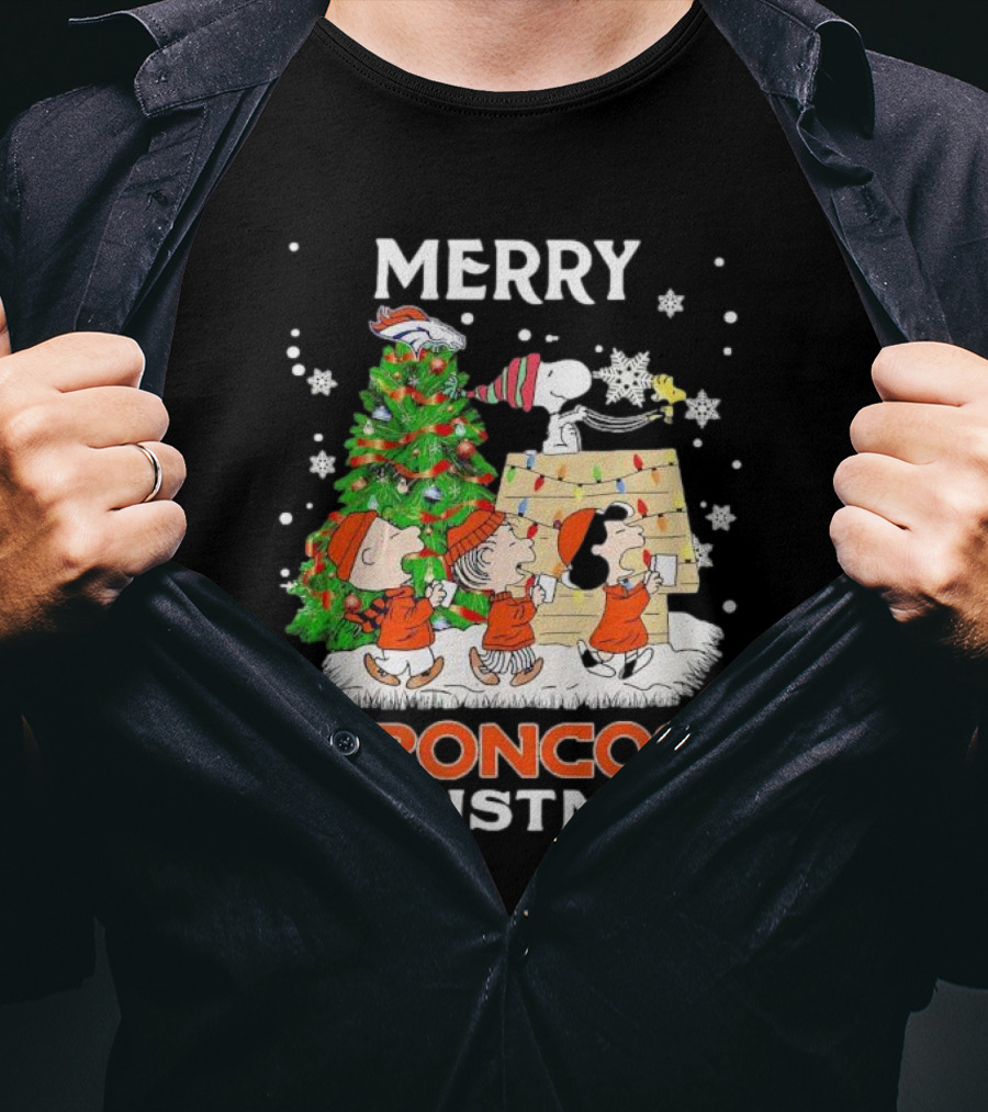 Merry Broncos Christmas Peanuts Characters T-Shirt