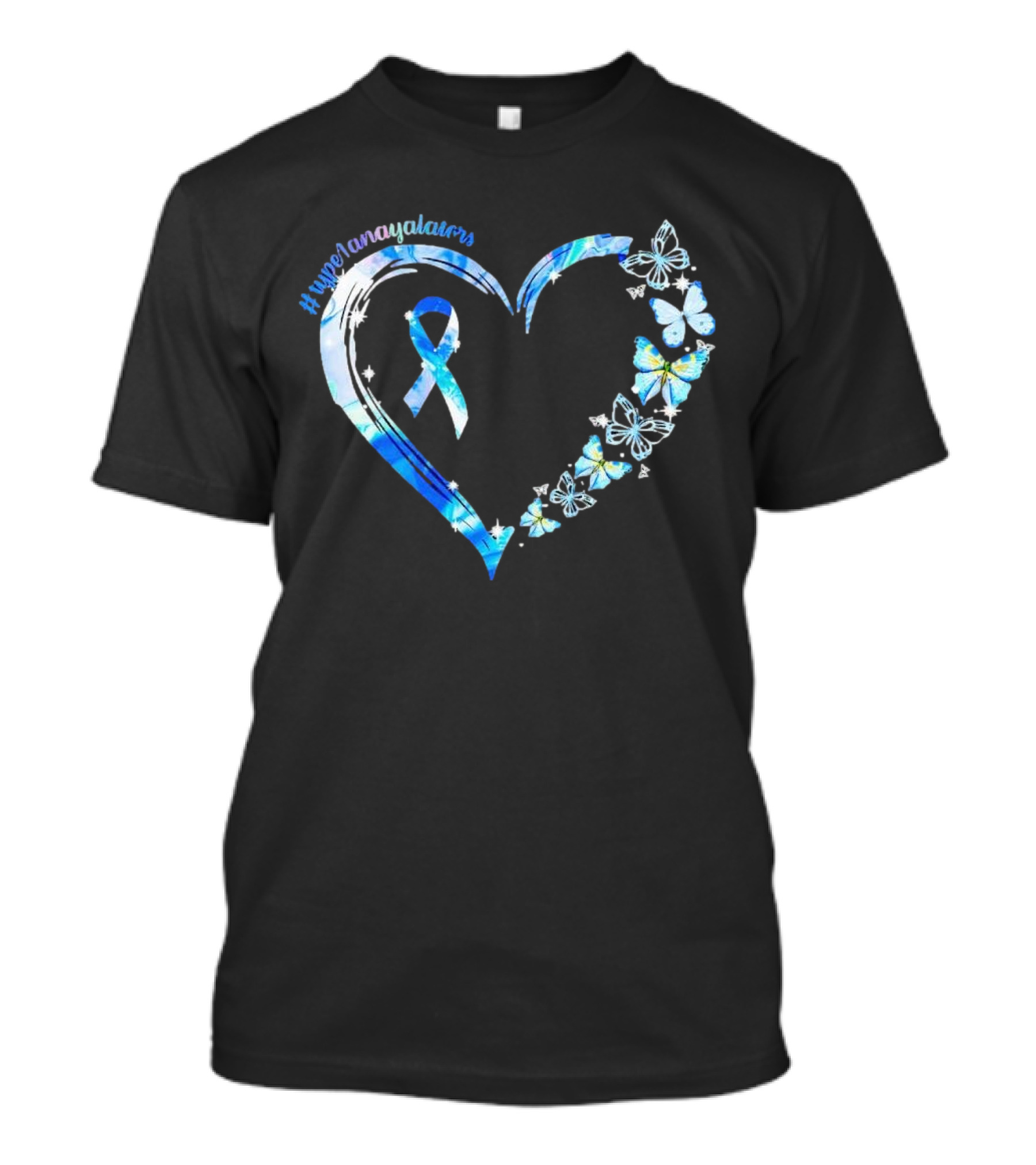 Type1Namayalars Diabetes Awareness Heart With Blue Ribbon And Butterflies T-Shirt