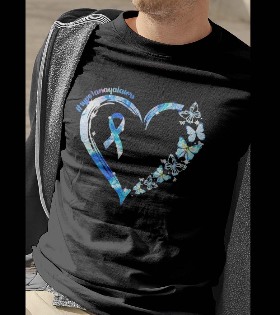 Type1Namayalars Diabetes Awareness Heart With Blue Ribbon And Butterflies T-Shirt